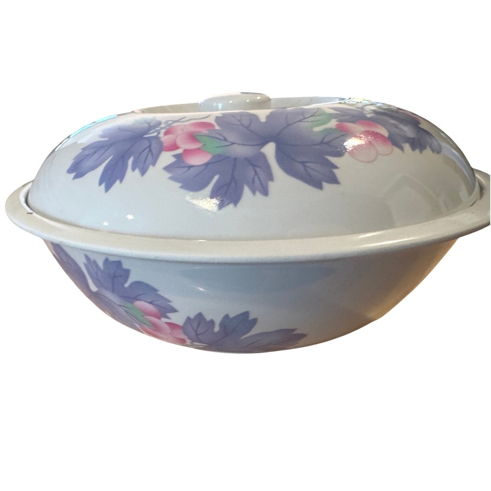 Vintage Melamine Covered Serving Bowl White with Purple Grapes Floral Pattern 9" - Picture 2 of 6